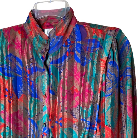 Vintage Colorful Floral Satin Striped Studio Retro Poet Blouse Holiday Top (M) - Picture 7 of 10